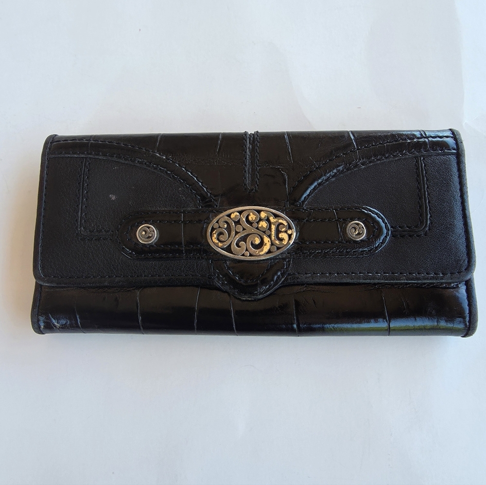 Brighton Women's Black Croc Trifold Wallet with Decorative Metal Accent
